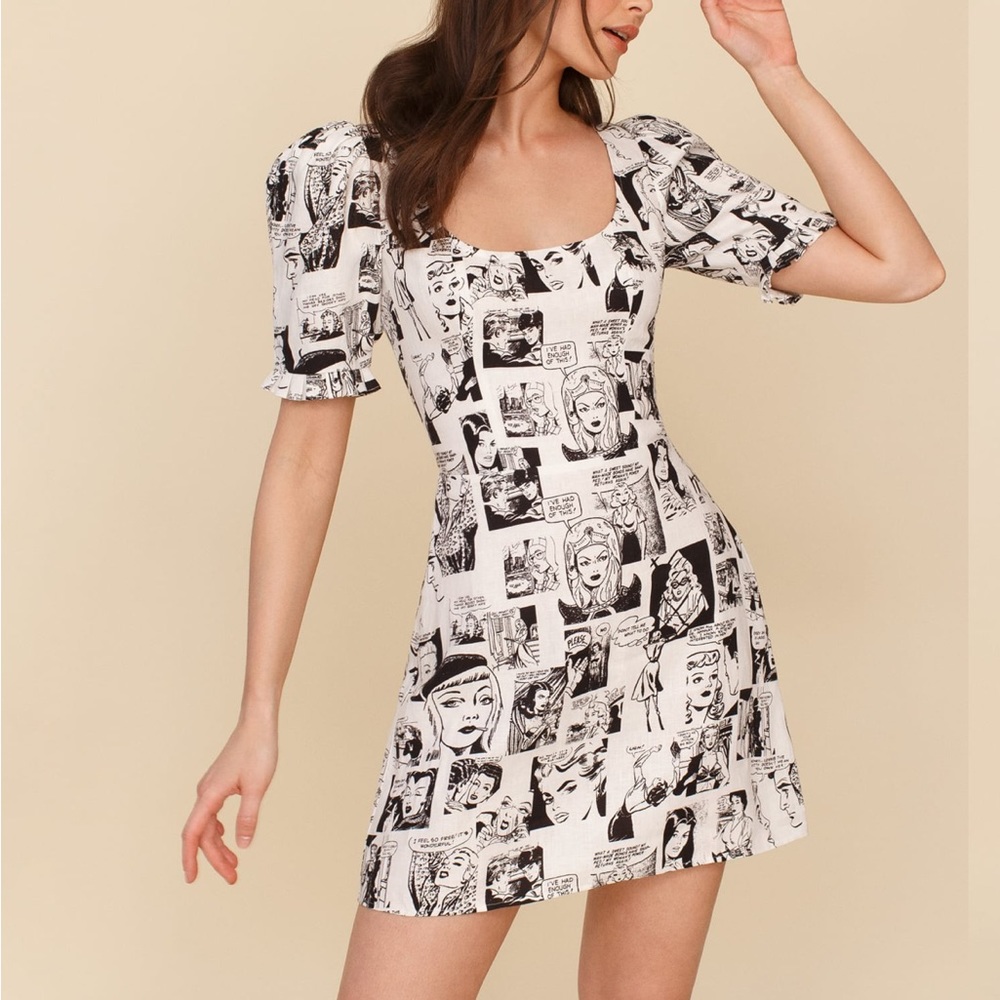 Reformation Black and White Comic Print Dress